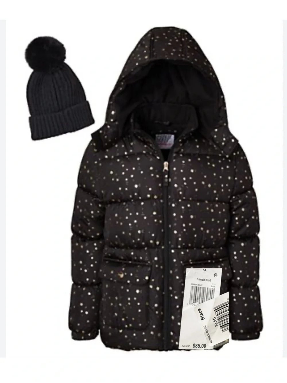 Kensie Girl puffer jacket winter coat size XL 16 Black gold floral print hood